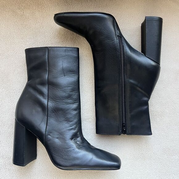 Steve Madden Lourde Black Leather Black Ankle Boot Bootie Square Toe Women 8 M - Picture 1 of 16